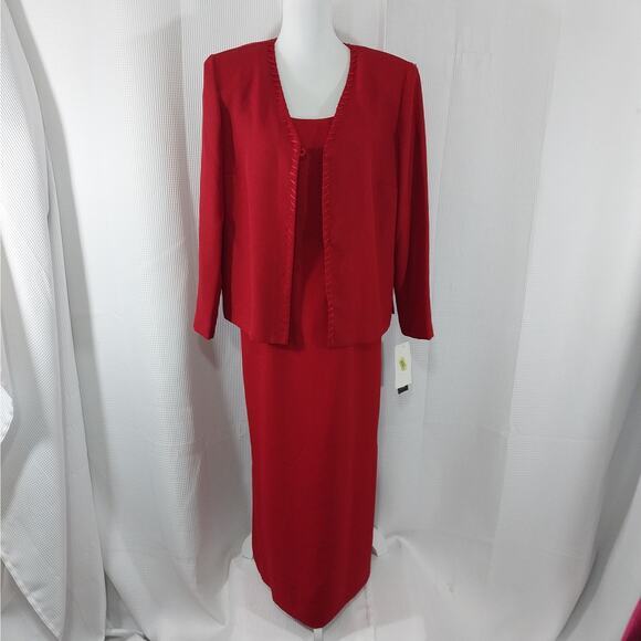 NWT! JESSICA HOWARD! RICH RED RIBBON TRIMMED 2 PC DRESS & JACKET SUIT SET! SZ 14 - Picture 2 of 10